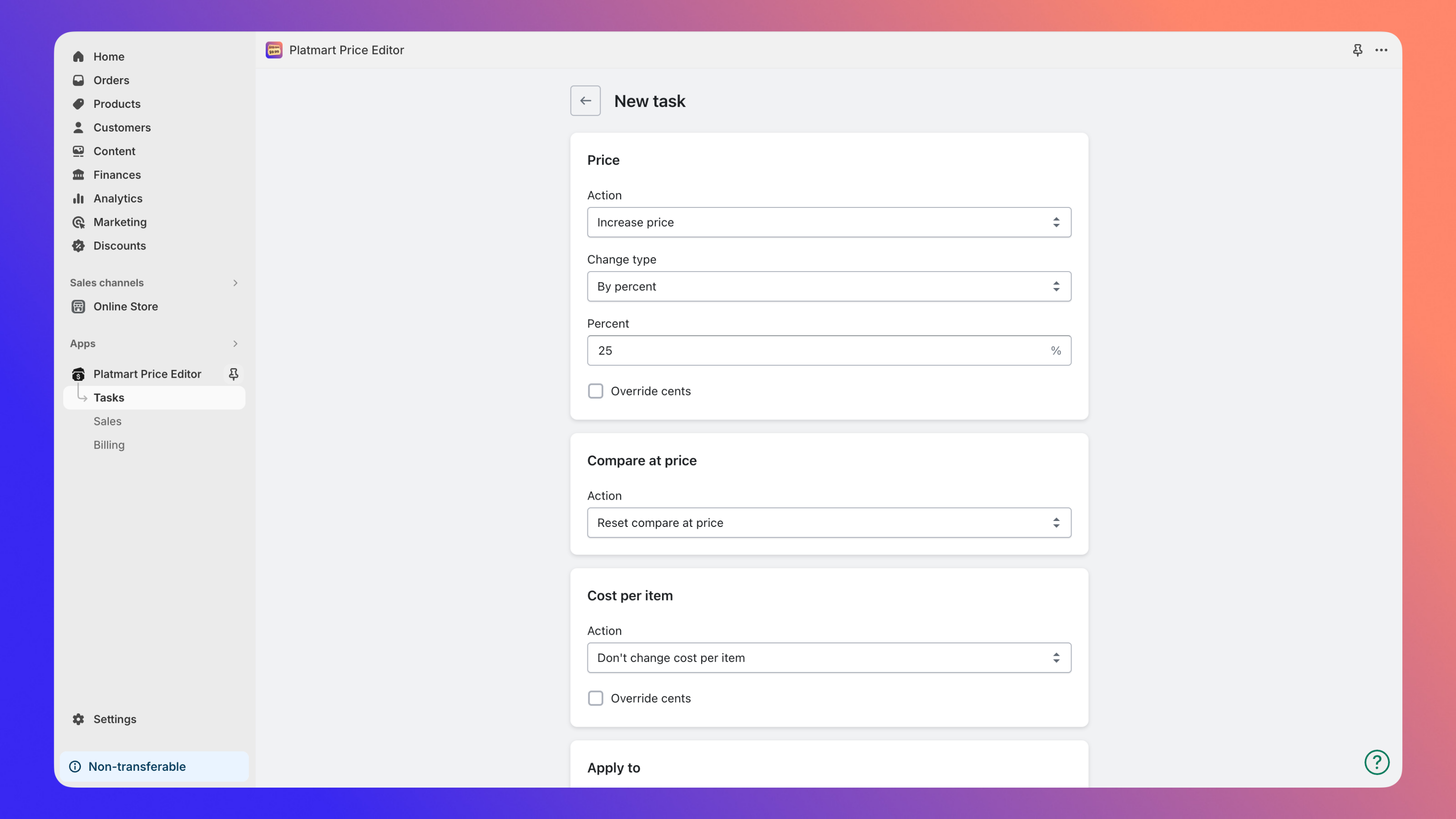 New task creation form in Platmart Bulk Price Editor